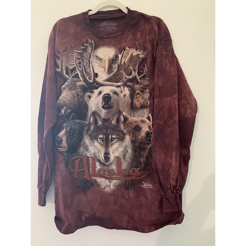 The Mountain Gardner Mens LS Red Tie Dye Eagle Wolf Bear Moose 2012 Size L